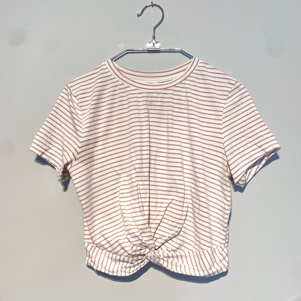 🛍️ 4 for 20$ - Shein Knot Crop T-Shirt with Stripes / White & Pink / S